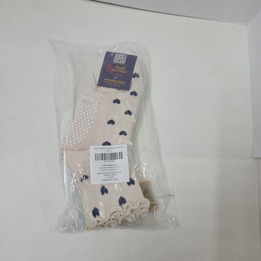 Hold For Three Ruffle Grip Socks 3 Pair Pilates Non Slip Blue, Yellow + Pink - Picture 2 of 6